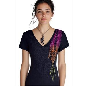 American Eagle Gray Graphic Feathers and Arrows Boho V-Neck Top